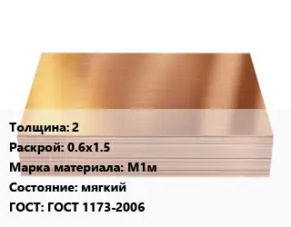 Медный лист 2 0.6х1.5 Марка: М1м мягкий ГОСТ 1173-2006